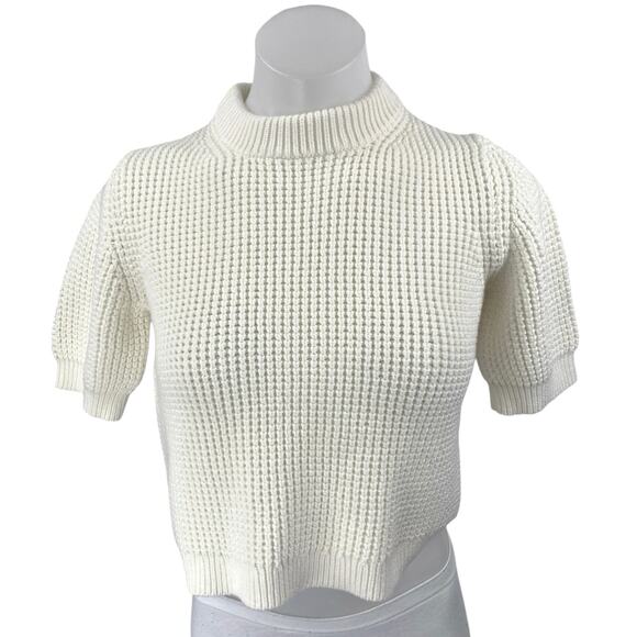 French Connection White Waffle Knit Puff Sleeve Mock Neck Crop Sweater Top Sz M - Picture 1 of 4
